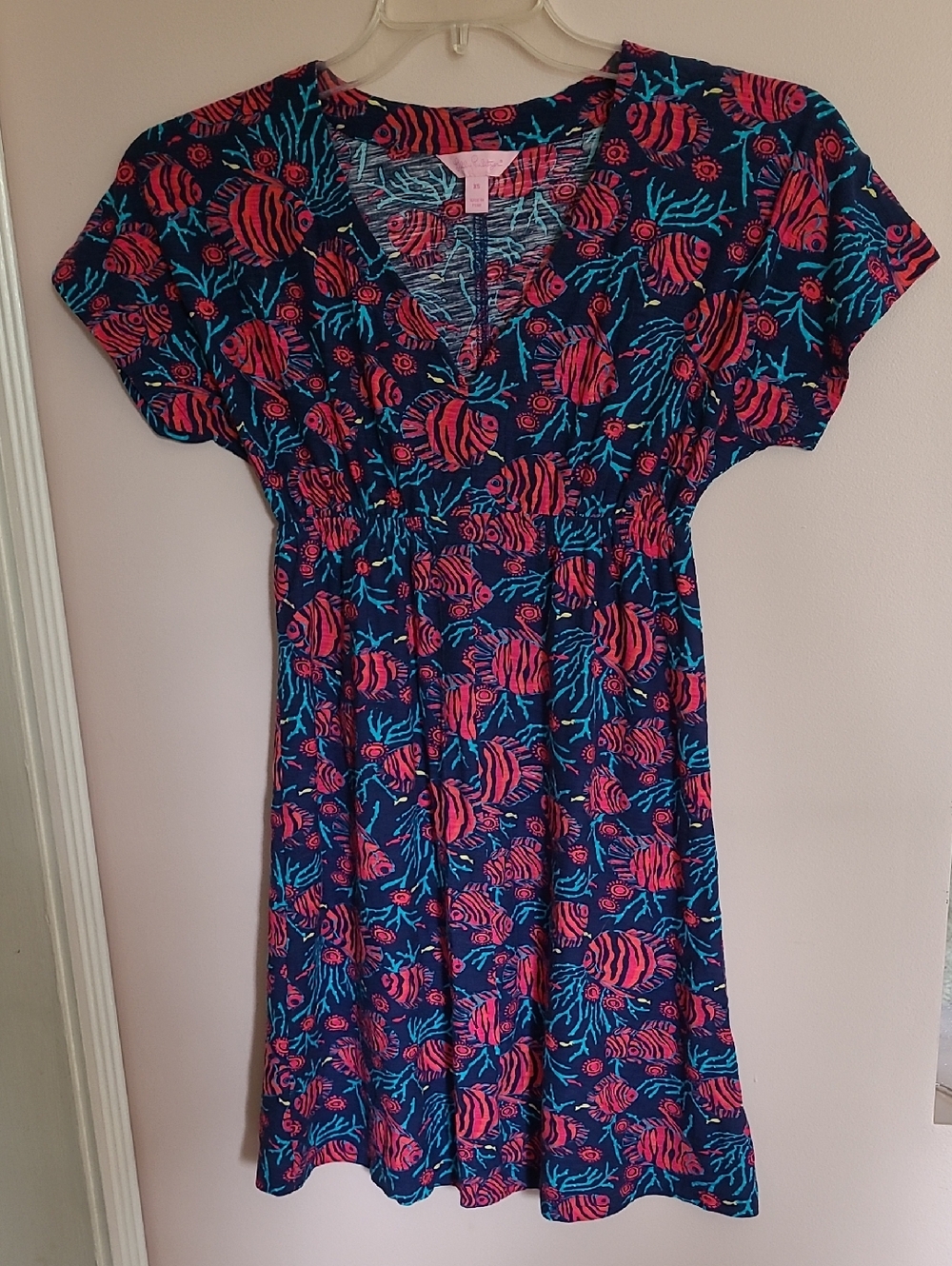 Lilly Pulitzer Navy Short Sleeve V-Neck Dress with Coral Fish Print